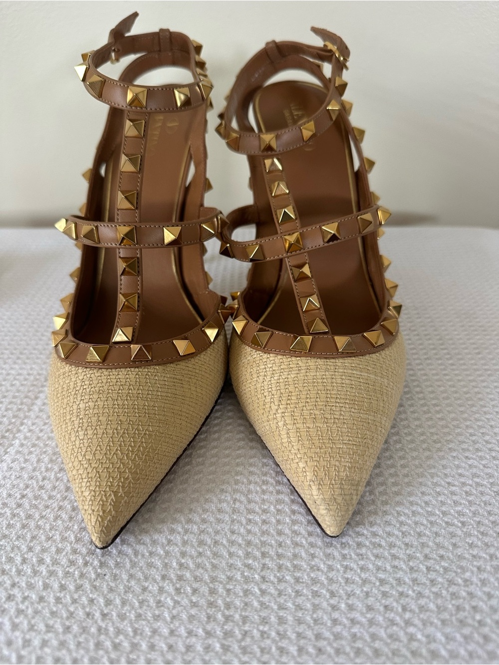 Valentino Beige and Brown Rockstud Pointed T-Strap Heels - Unworn (size 40)